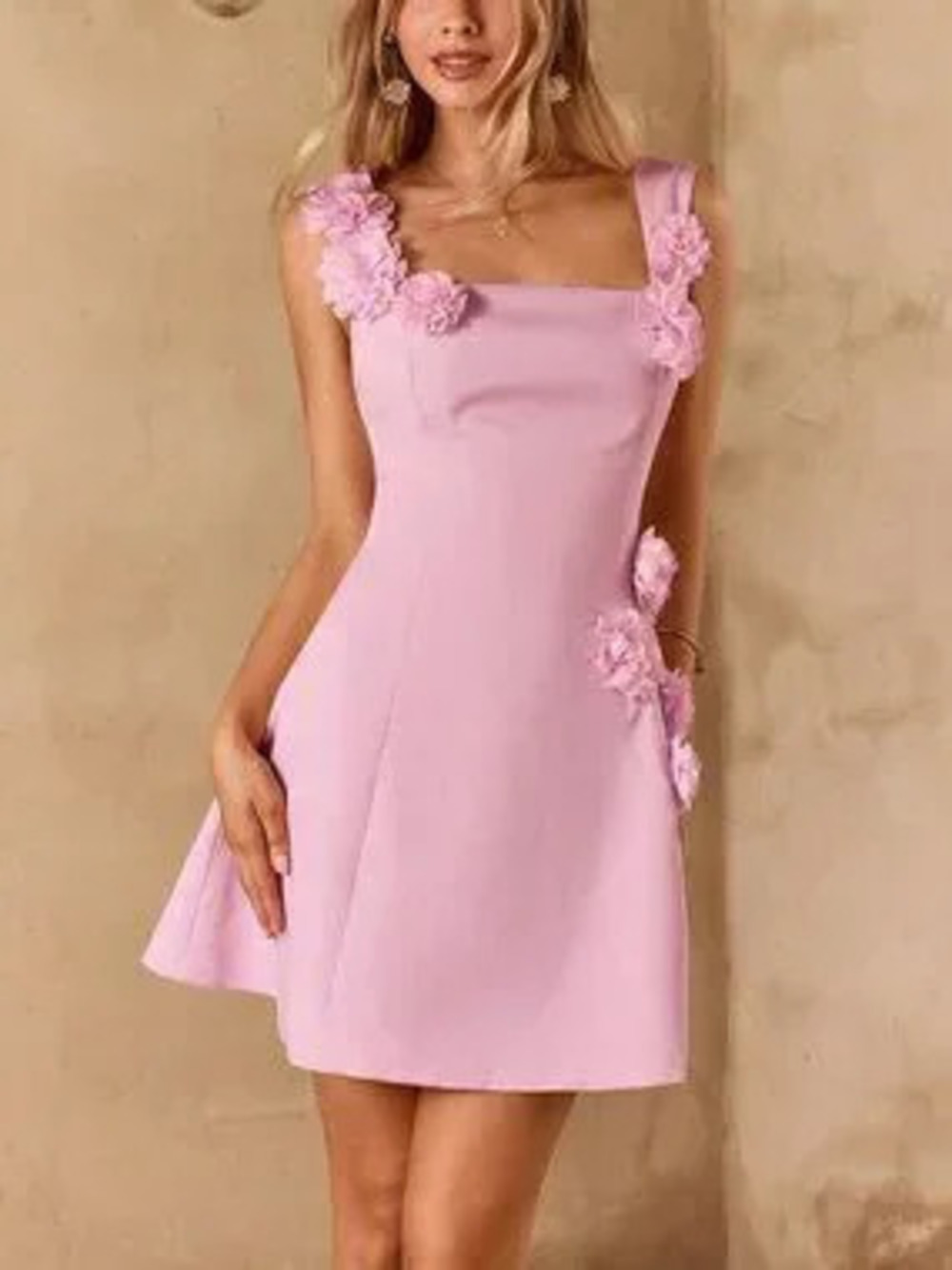 Pink Women's Elegant Soft 3D Rose Floral Mini Dress